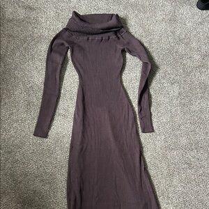 Nude Lucy Long Sleeve Ribbed Fold-Over Neck Dress Dark Brown XS